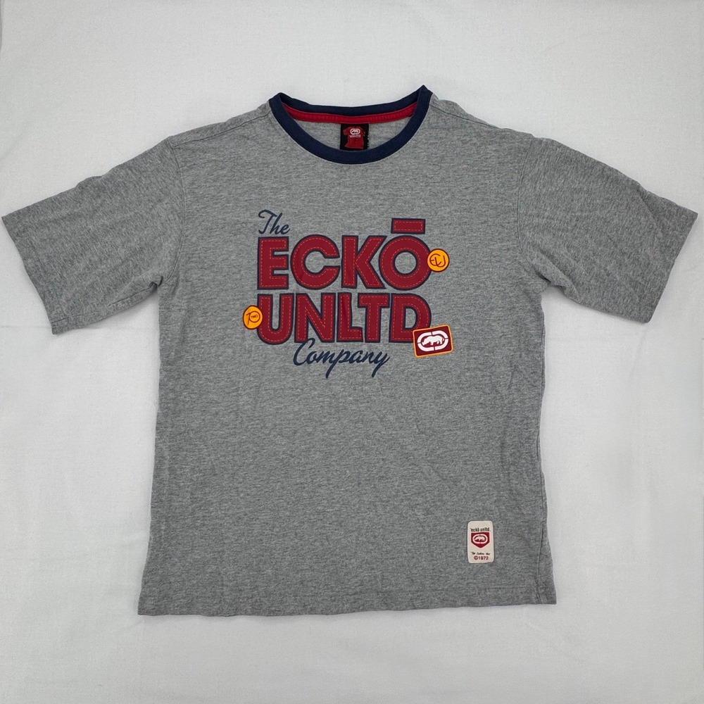 Vtg Y2K Ecko Unltd Kids Sz Medium Heather Gray Graphic T-Shirt Rhino Logo 2000s